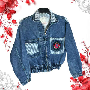 Bonjour 90s Vintage Sport Club Zip Jean Jacket w Striped Pockets Women Small